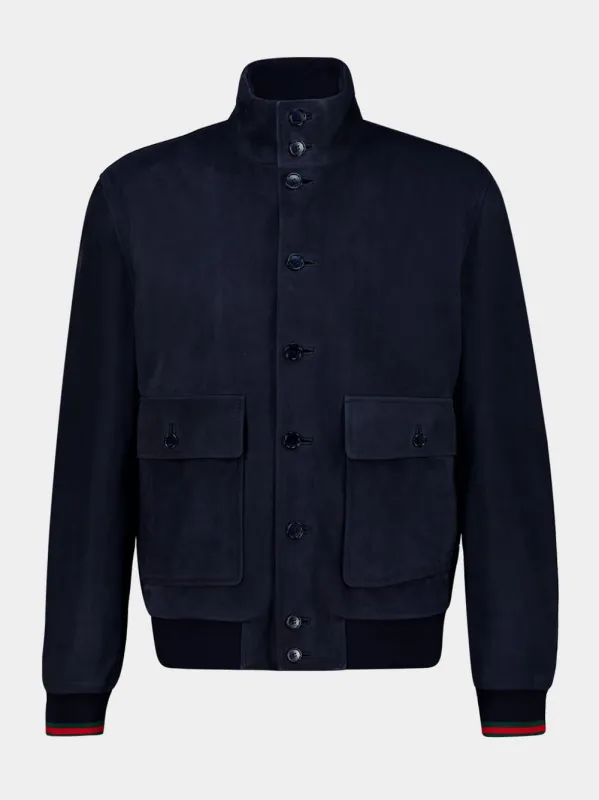 Navy Blue Suede Bomber Jacket sold by Fashion Clinic