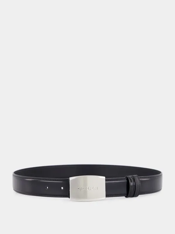 Black Calfskin Belt with Engraved Buckle sold by Fashion Clinic