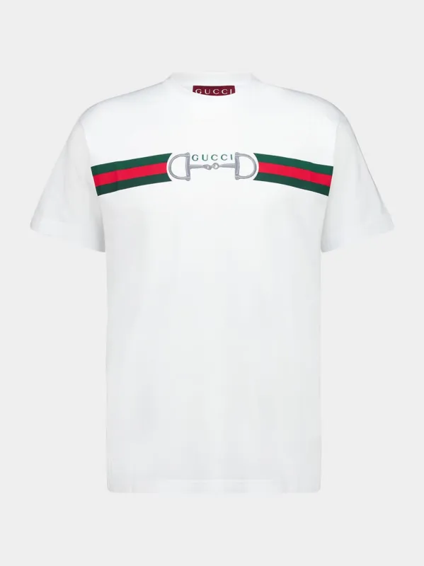 White Cotton Jersey T-shirt with Web and Horsebit Embroidery made by Gucci