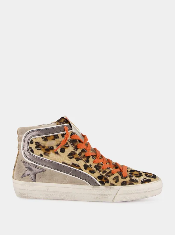 Leopard Print Slide Sneakers with Orange Laces sold by Fashion Clinic