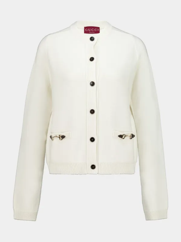 White Wool Cashmere Cardigan with Horsebit sold by Fashion Clinic