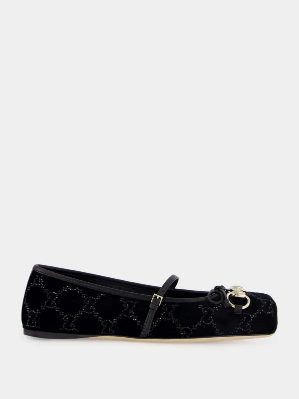 Black Velvet GG Crystal Horsebit Ballet Flat sold by Fashion Clinic