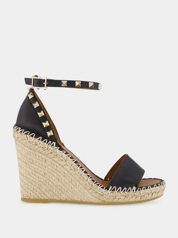 Black Calf Leather Wedge Espadrille Sandals sold by Fashion Clinic
