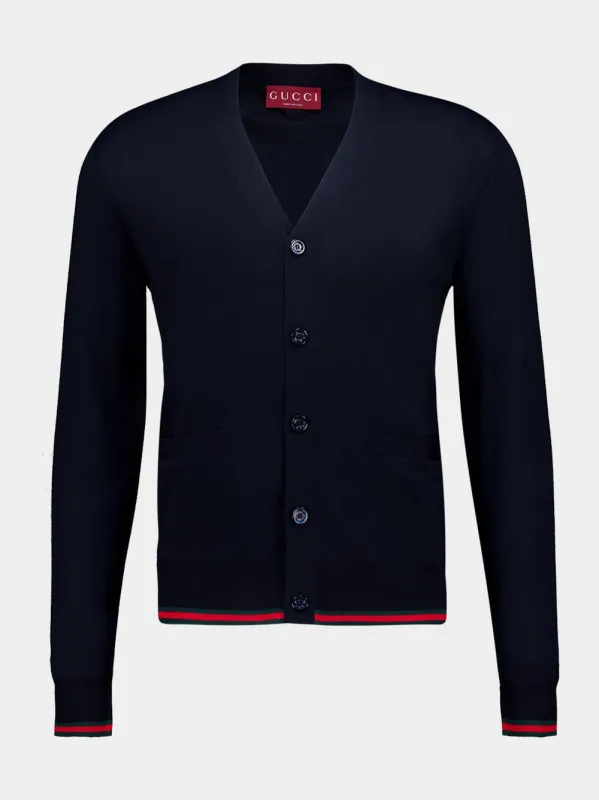 Dark Blue Wool Cardigan with Web Trim sold by Fashion Clinic