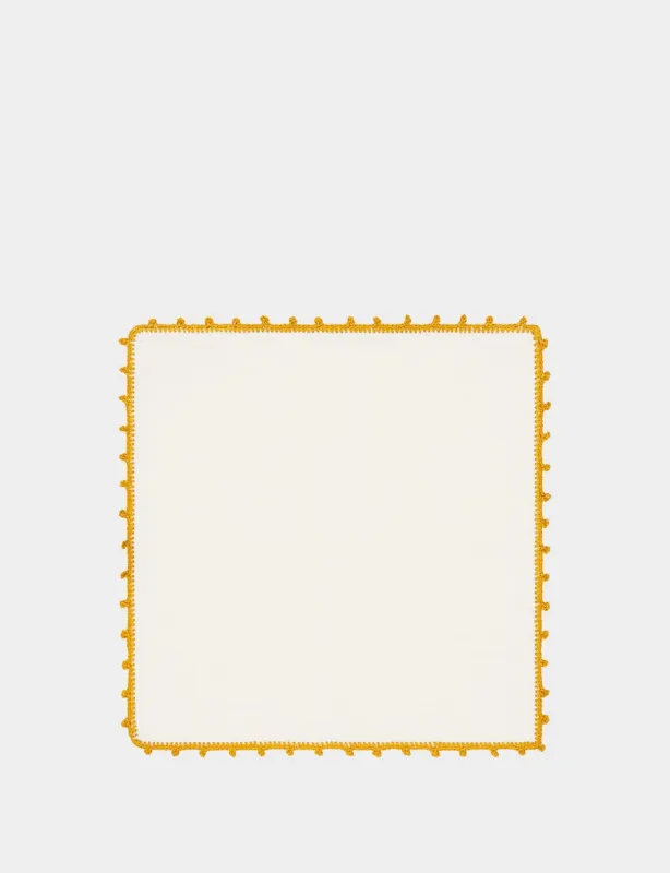Hand-Embroidered Teresa White Linen with Yellow Crochet Cocktail Napkin sold by Fashion Clinic