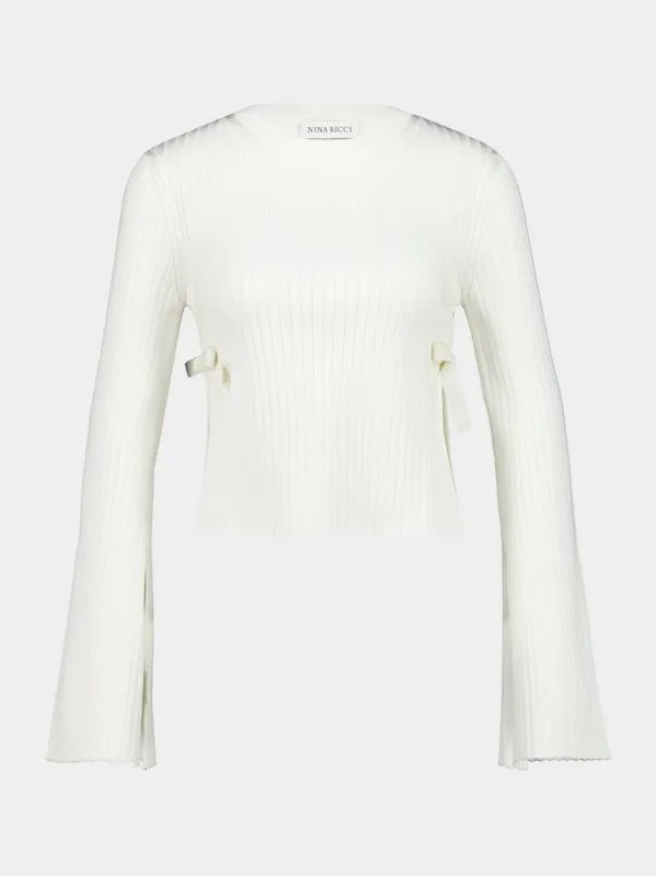 Cream Flared-Sleeve Knit Top with Bows sold by Fashion Clinic