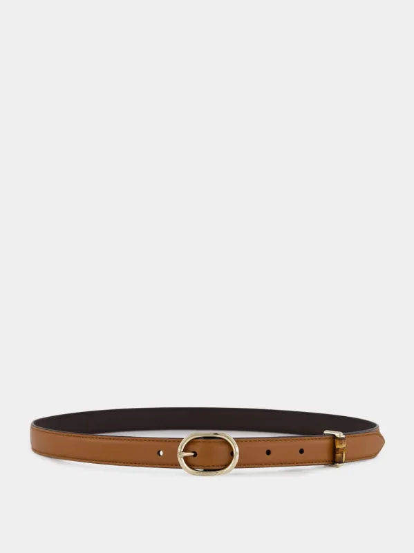 Brown Thin Leather Belt with Oval Buckle sold by Fashion Clinic