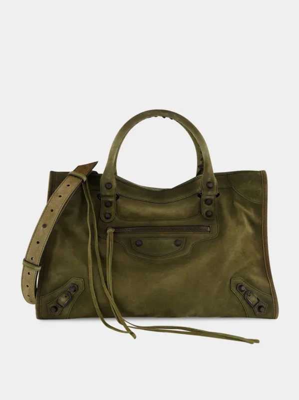 Khaki Green Le City Bag Medium in Suede Calfskin sold by Fashion Clinic