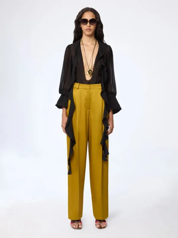 Gold Pleated Straight-Leg Crepe Trousers sold by Fashion Clinic
