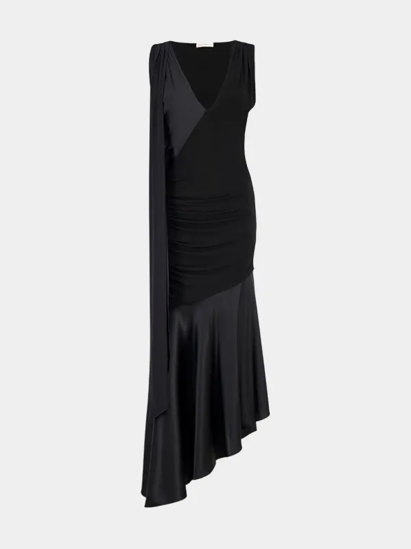 Black Draped Asymmetric Silk Midi Dress sold by Fashion Clinic
