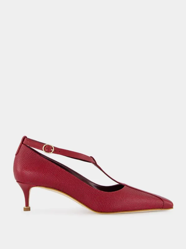 Dark Red Rosellón T-Strap Leather Kitten Pumps sold by Fashion Clinic