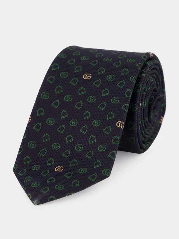 Dark Blue and Green GG Silk Jacquard Tie sold by Fashion Clinic