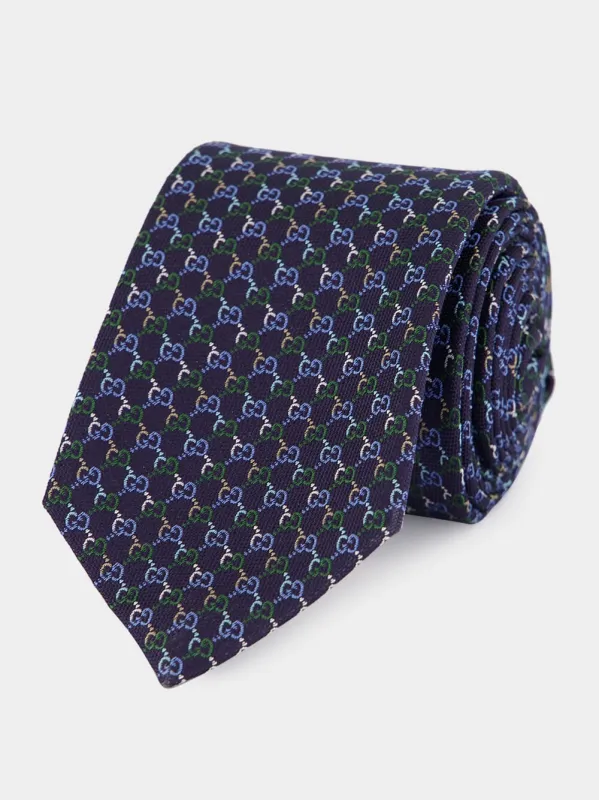Blue and Dark Green GG Silk Jacquard Tie sold by Fashion Clinic