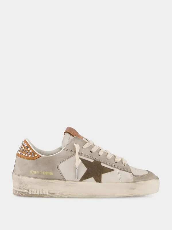White and Beige Leather Stardan Sneakers with Star and Studded Heel sold by Fashion Clinic