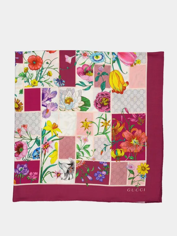 Mauve and Pink Flora Blocks Wool Silk Shawl sold by Fashion Clinic