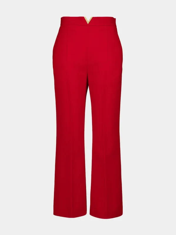 Red Wool Crepe Trousers with V Detail sold by Fashion Clinic