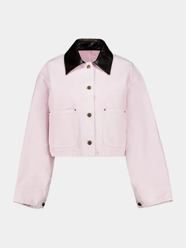 Light Pink Cropped Jacket with Leather Collar sold by Fashion Clinic