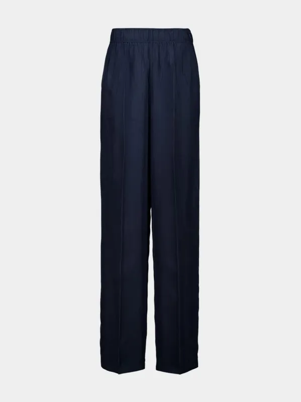 Navy Blue Straight-Fit Silk Pants sold by Fashion Clinic