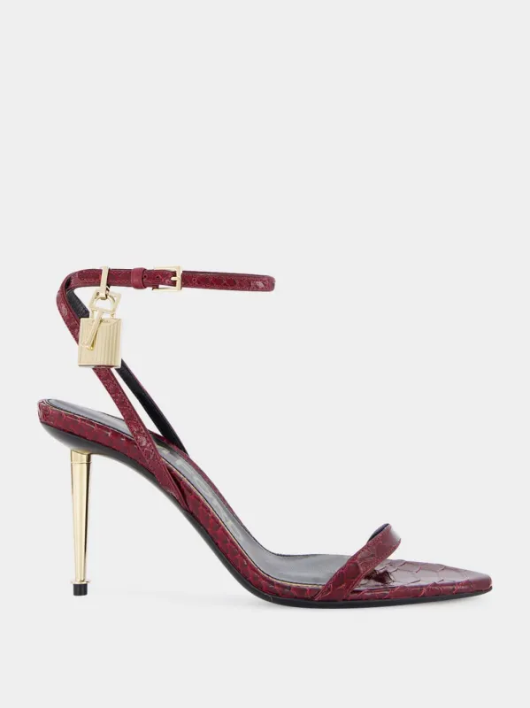 Ruby Red Padlock Pointy Naked Sandal in Laminated Crocodile sold by Fashion Clinic