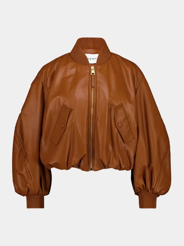 Tan Cropped Cocoon Bomber in Nappa Leather sold by Fashion Clinic