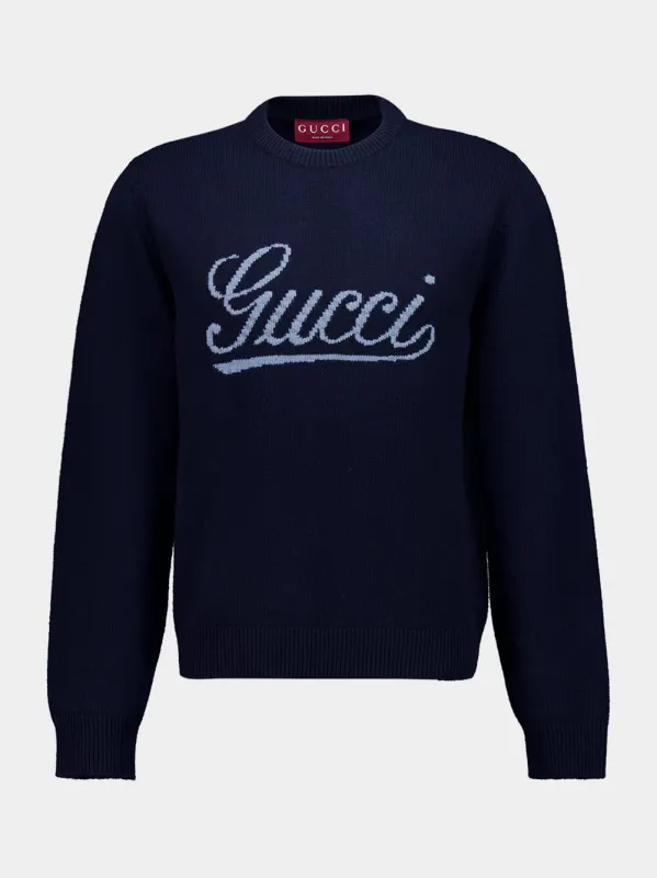 Dark Blue Wool Logo Knit Jumper sold by Fashion Clinic