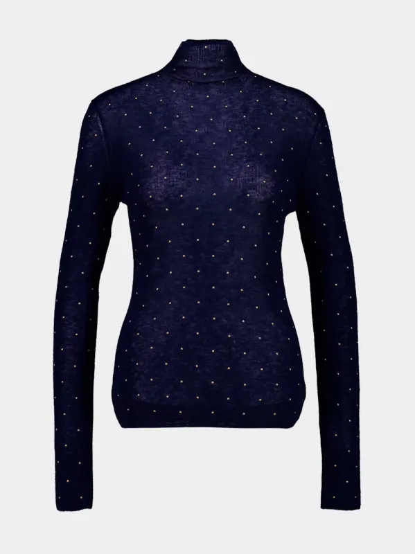 Navy Wool Second-Skin Turtleneck with Stud Details made by Rabanne