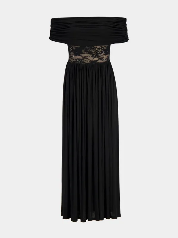 Black Off-Shoulder Lace Panel Dress sold by Fashion Clinic