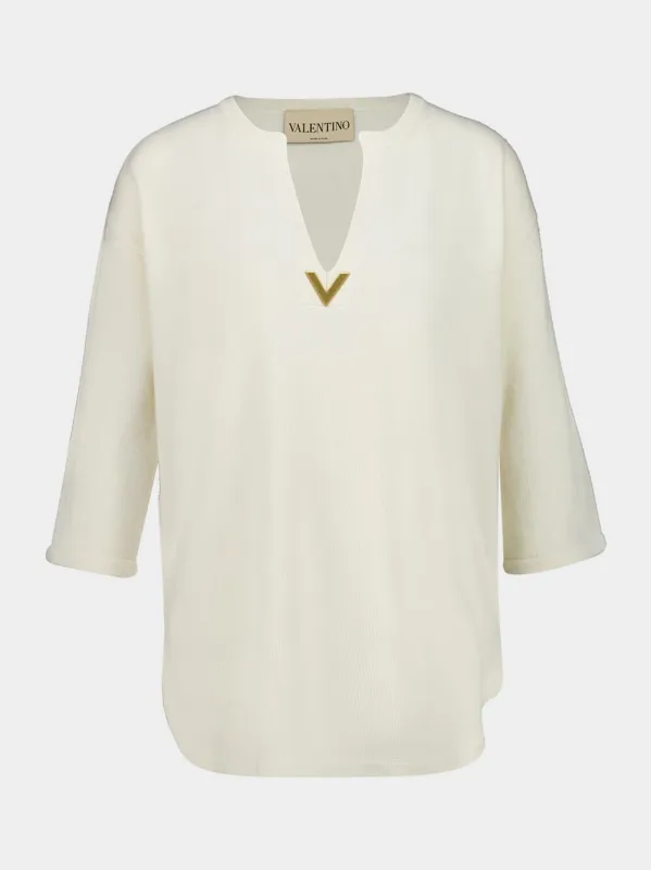Ivory Long-Sleeve Wool Top with V Detail sold by Fashion Clinic