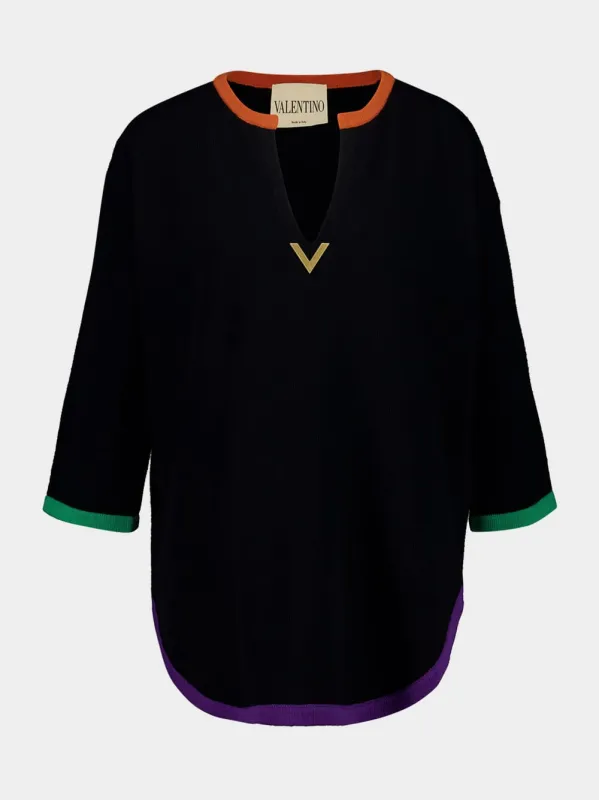 Black Long-Sleeve Wool Top with V Detail sold by Fashion Clinic