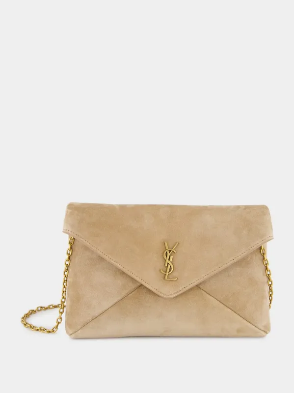Clear Beige Cassandre Suede Chain Pouch sold by Fashion Clinic