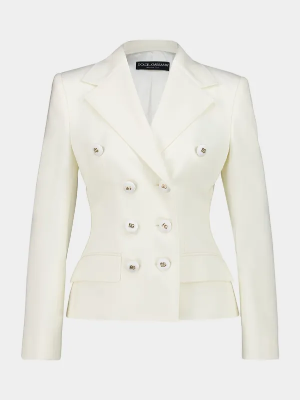 White Double-Breasted Twill Blazer sold by Fashion Clinic