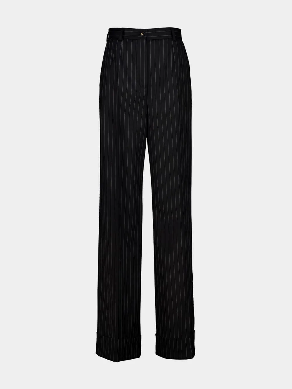 Black Pinstripe Bi-Stretch Wool Trousers sold by Fashion Clinic