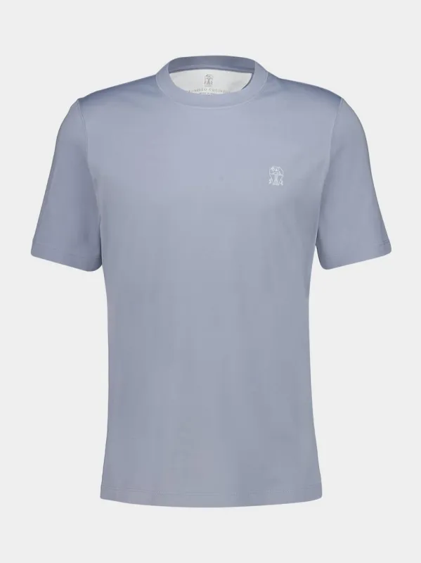 Light Blue Cotton Jersey Crew Neck T-Shirt with Logo sold by Fashion Clinic