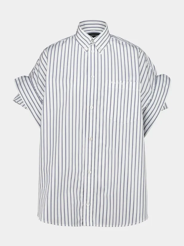 White and Blue Short Sleeve Tucked Cotton Shirt sold by Fashion Clinic