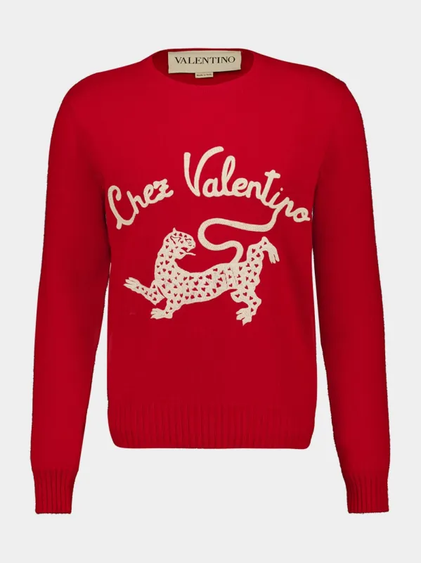 Red Wool Sweater with Chez Valentino and Panther Embroidery sold by Fashion Clinic