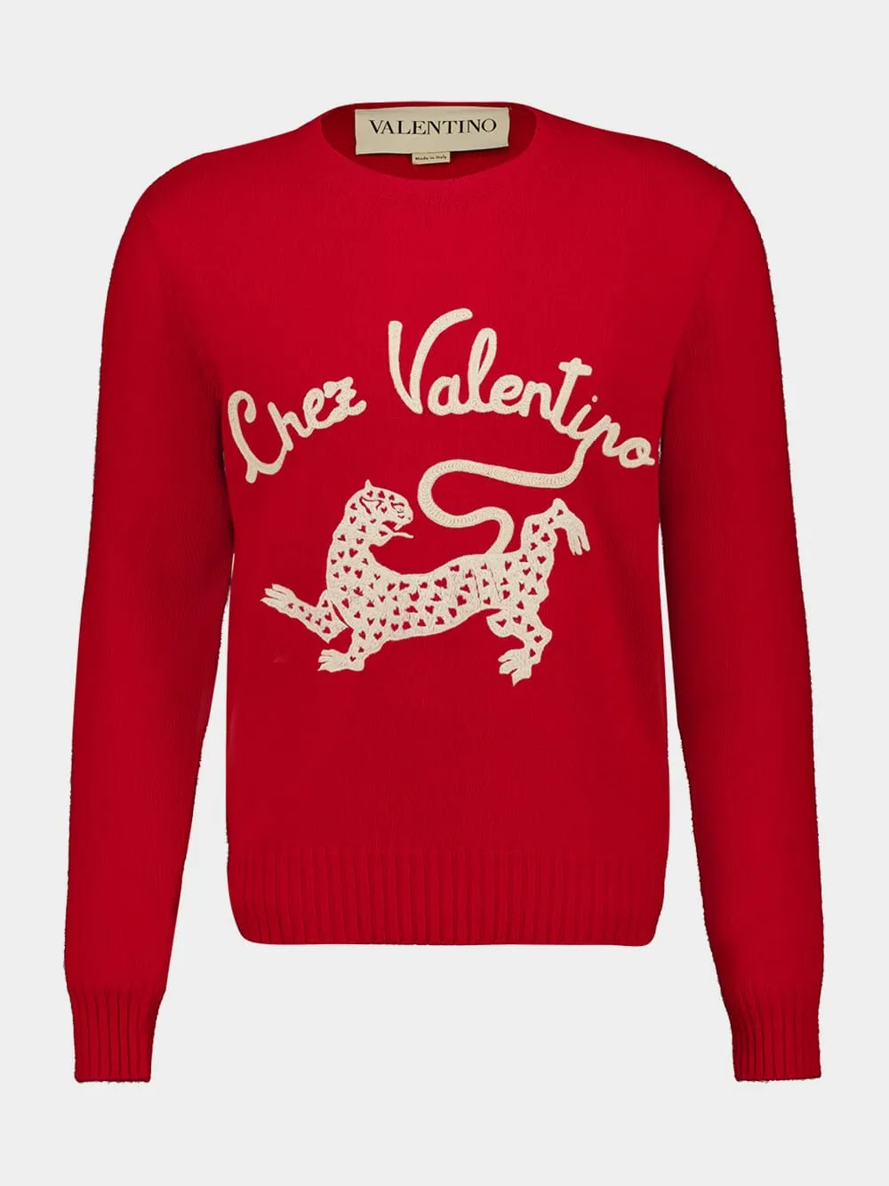 Red Wool Sweater with Chez Valentino and Panther Embroidery sold by Fashion Clinic