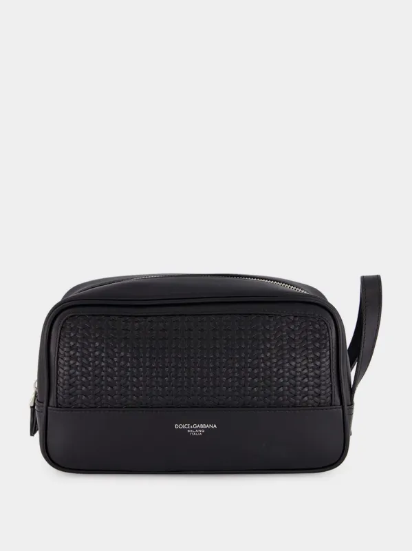 Black Woven Calfskin Leather Necessaire sold by Fashion Clinic