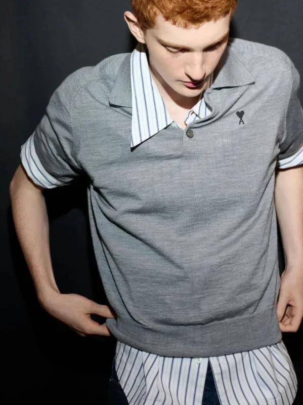 Grey Wool Short Sleeves Ami De Coeur Polo sold by Fashion Clinic