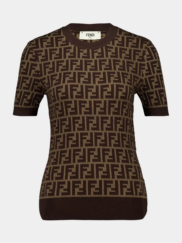 Brown FF Jacquard Cotton Short Sleeve Jumper sold by Fashion Clinic