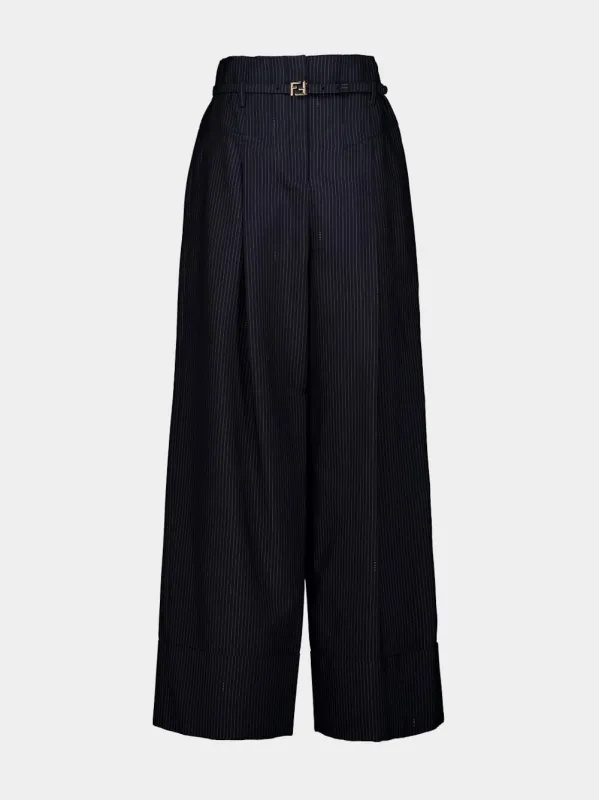 Navy Blue Pinstriped Wool Trousers sold by Fashion Clinic