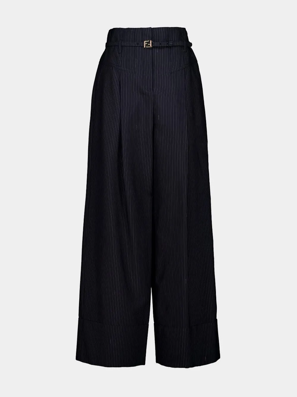 Navy Blue Pinstriped Wool Trousers sold by Fashion Clinic