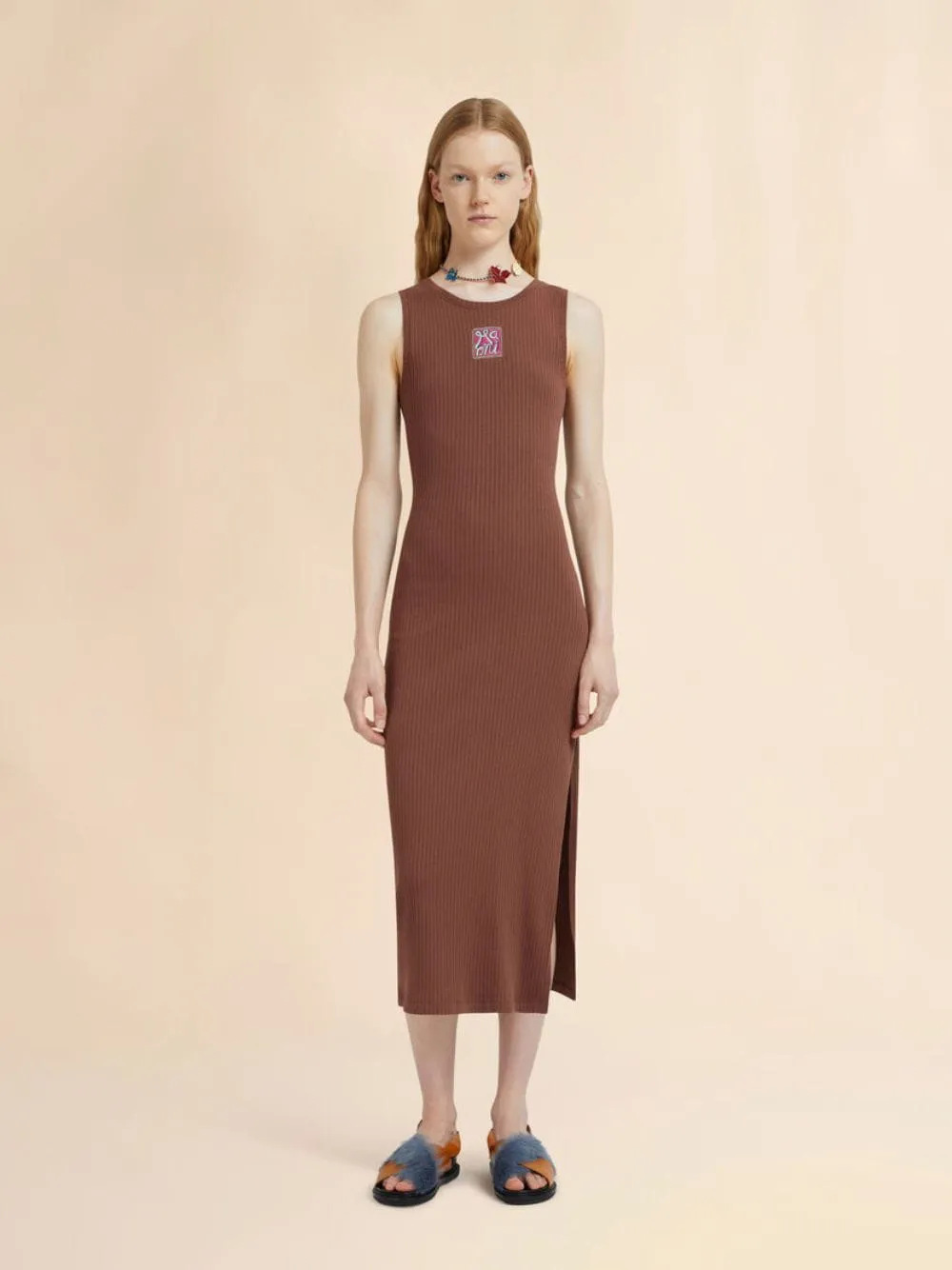 Tobacco Brown Ribbed Cotton Midi Dress sold by Fashion Clinic
