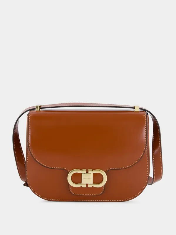 Dark Cognac Double Gancini North-South Crossbody Bag sold by Fashion Clinic