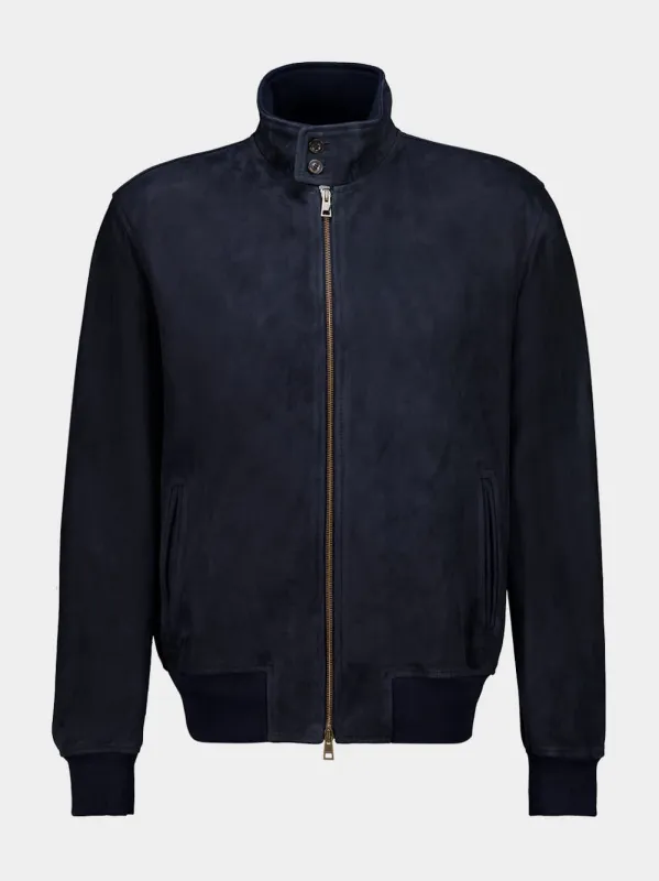 Navy Suede Leather Bomber Jacket sold by Fashion Clinic