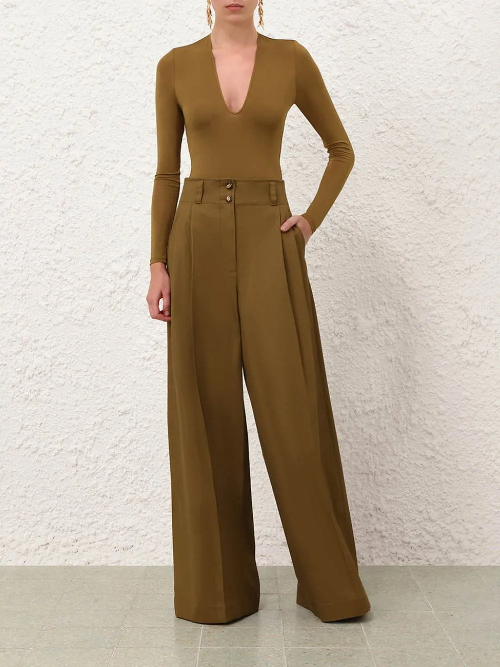 Dark Khaki Luna Tailored Wide-Leg Trousers sold by Fashion Clinic