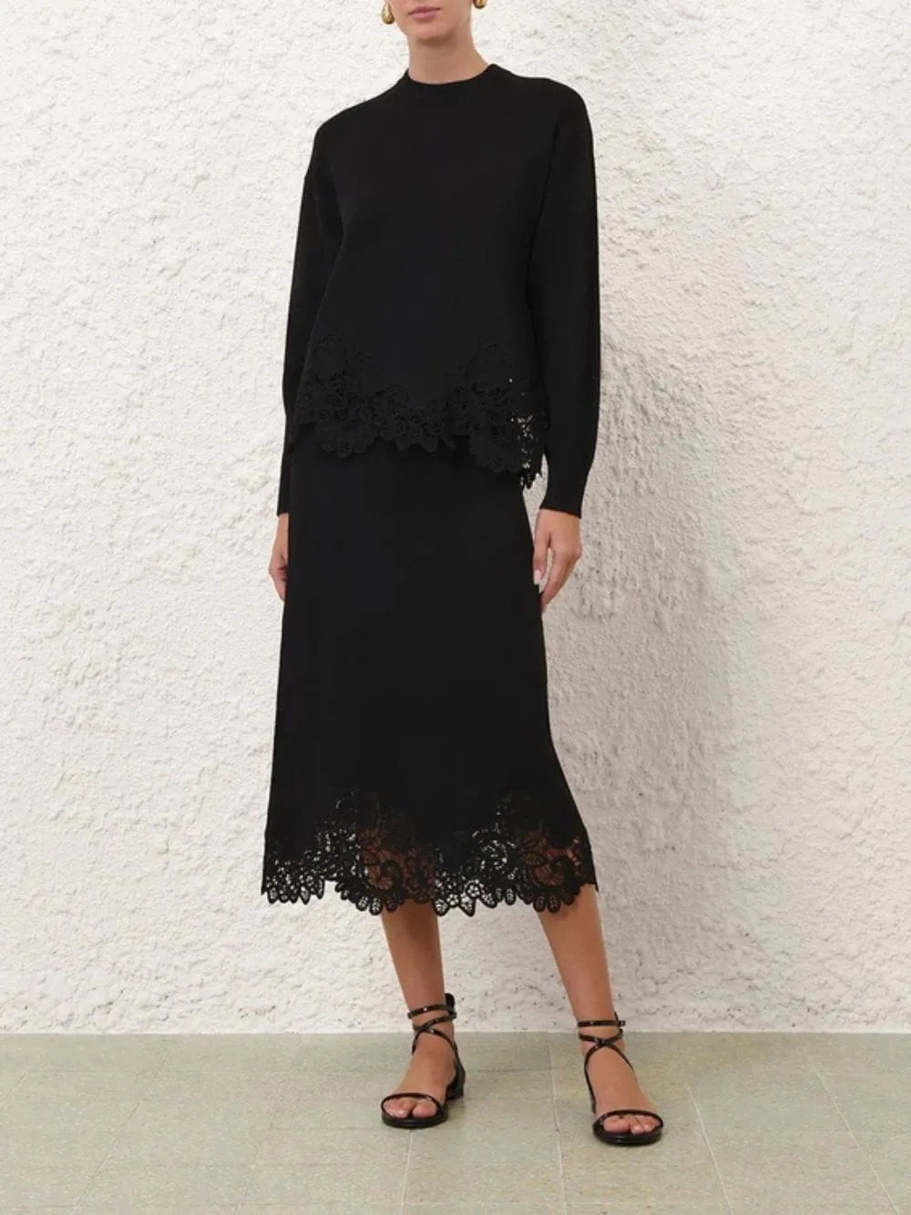 Black Luna Merino Lace Midi Skirt sold by Fashion Clinic product image thumbnail 2