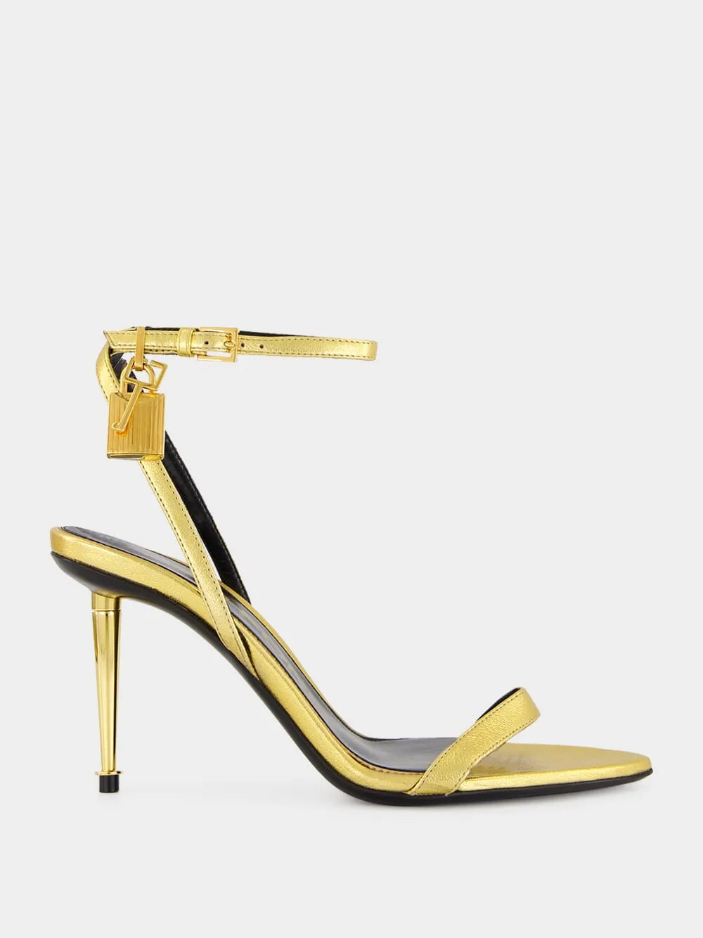 Gold Laminated Nappa Leather Padlock Pointy Sandal sold by Fashion Clinic