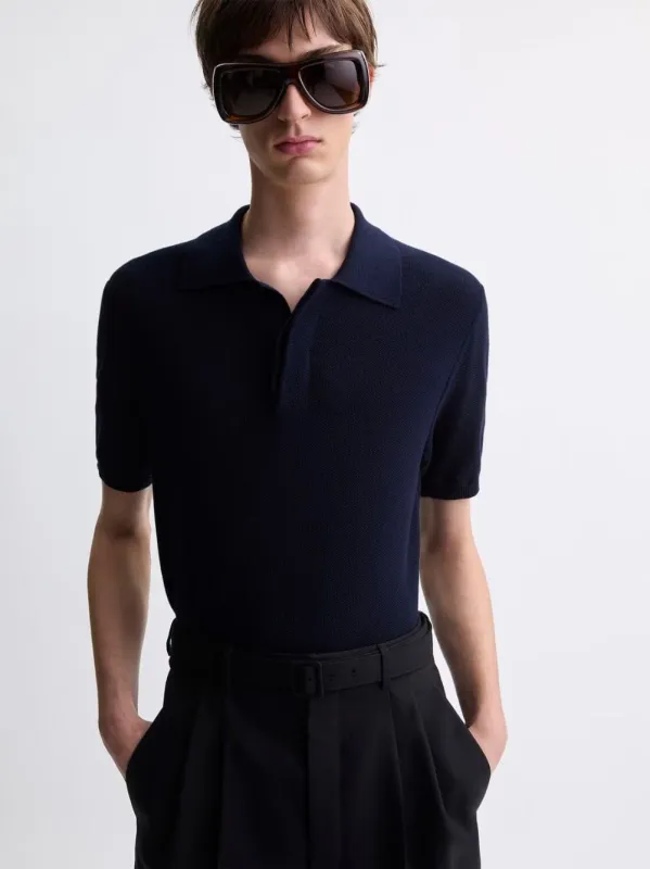 Marine blue cotton short-sleeve polo shirt sold by Fashion Clinic