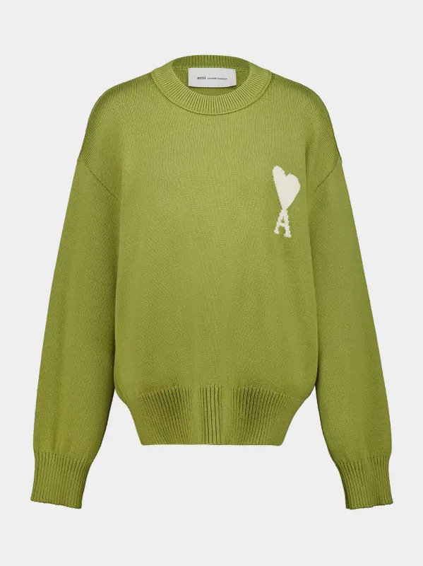Matcha Green Wool and Cotton Ami de Coeur Crewneck Sweater made by Fashion Clinic
