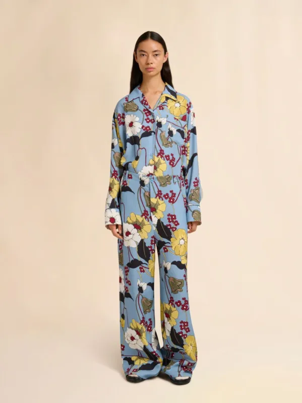 Sky Blue Envers Satin Palazzo Pants with Melodia Print sold by Fashion Clinic